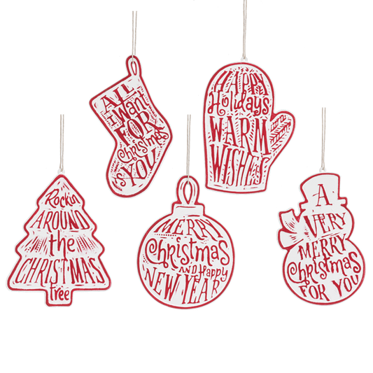 Red & White Embossed Holiday Icon with Text Ornament