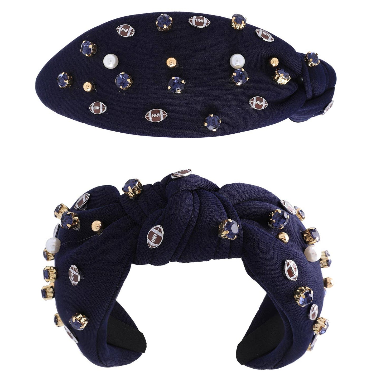 Jeweled & Pearl Beaded w/ Football Charms Knotted Headband