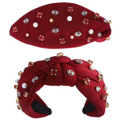 Jeweled & Pearl Beaded w/ Football Charms Knotted Headband