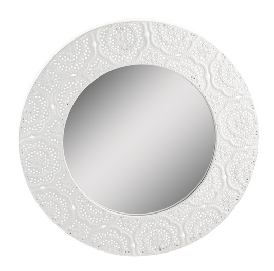 White Stamped Metal Filigree Round Wall Mirror