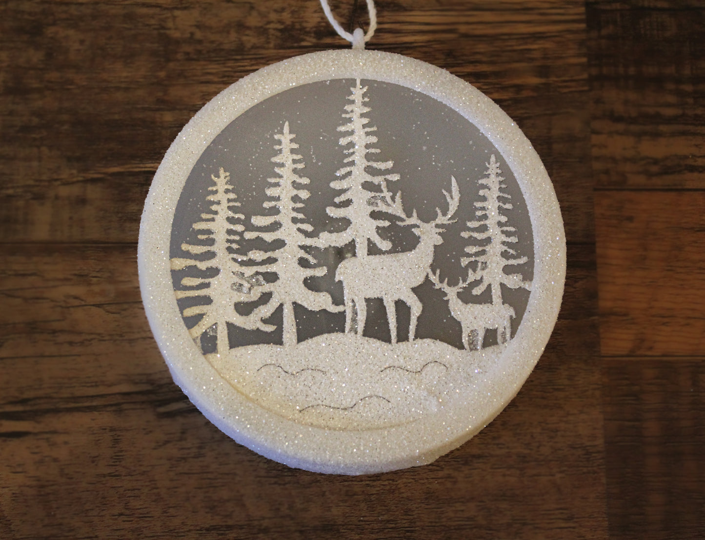Light-Up Deer and Trees White Glitter Christmas Ornament