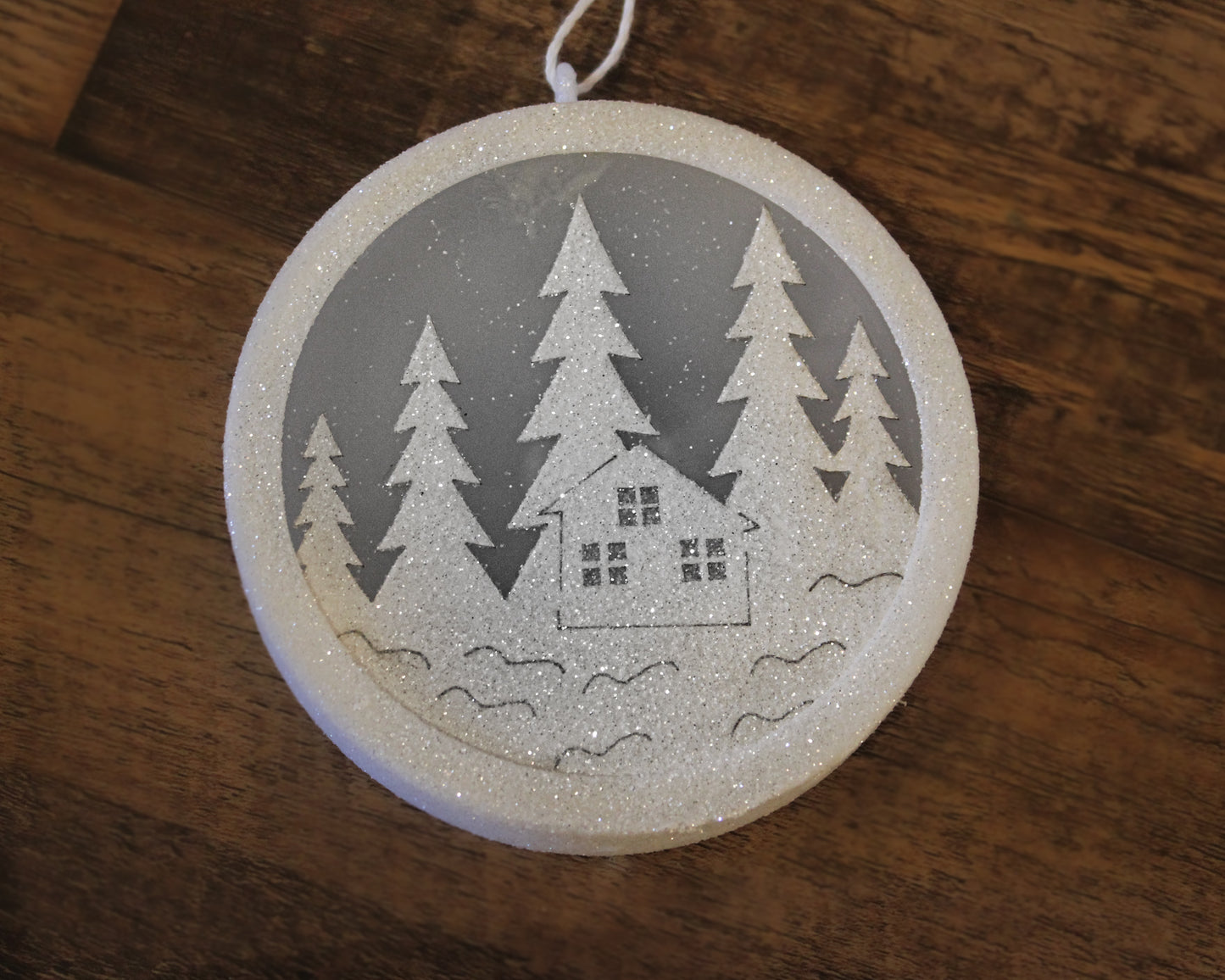Light-Up House and Trees White Glitter Christmas Ornament