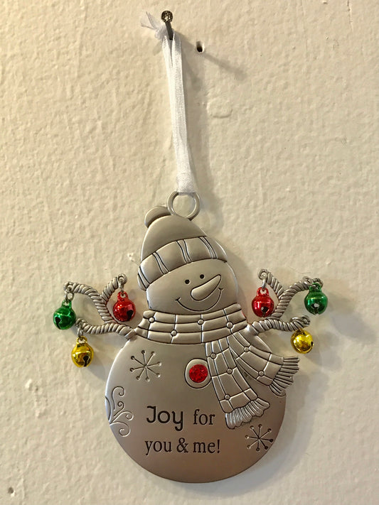 Joy Jingle Bell Metal Snowman Ornament