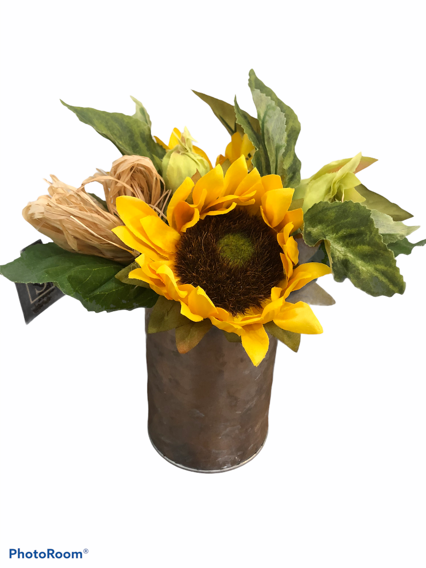 Tin can with sunflowers