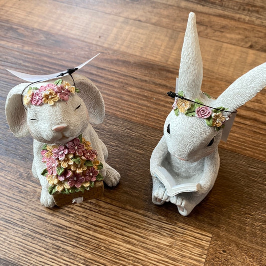 Polyresin Bunny With Book or Flowers