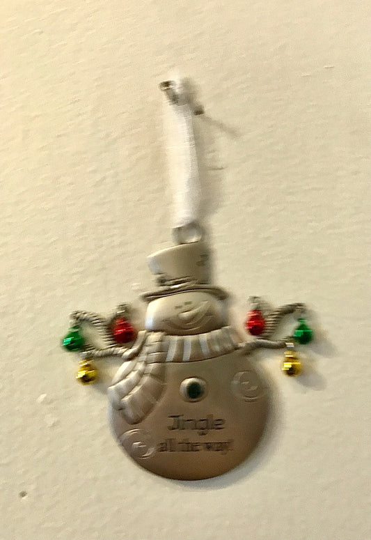 Jingle All the Way Jingle Bell Metal Snowman Ornament