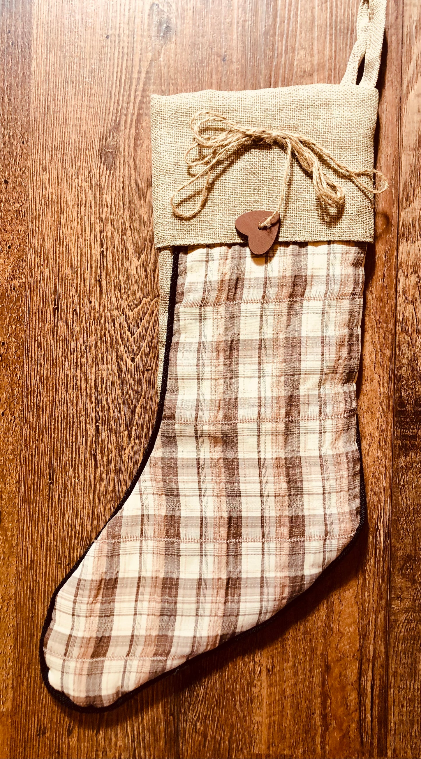 Plaid Brown Stocking with Burlap Trim
