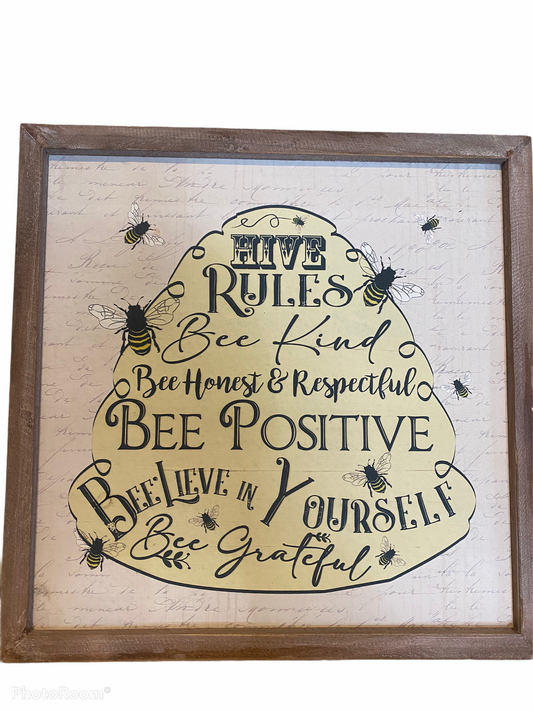 Hive Rules Wood Sign Bee Wall Art Home Decor